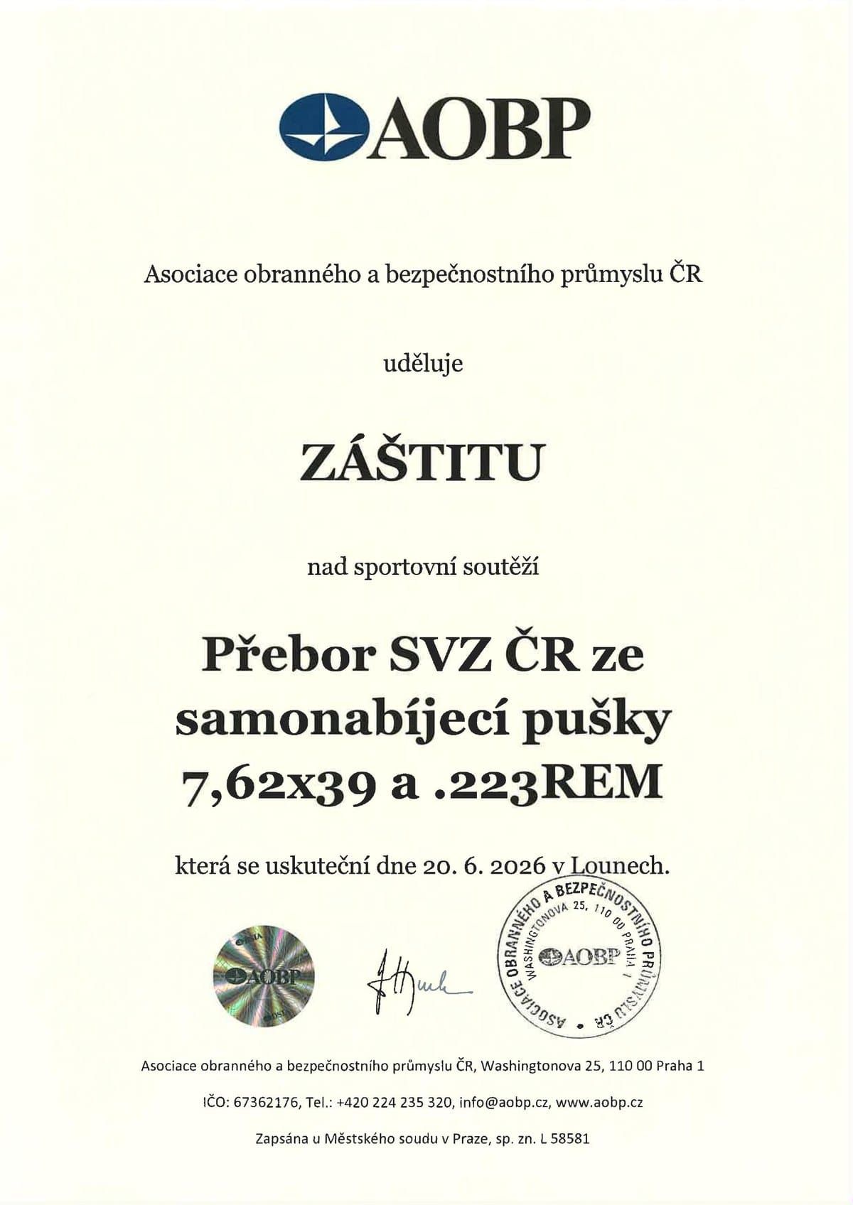 Záštita AOBP nad Přeborem SVZ ČR ze samonabíjecí pušky 7,62×39 a .223 REM (Louny, 20. 6. 2026)