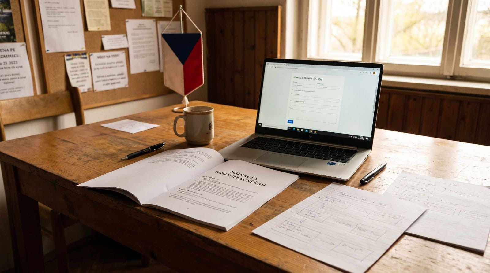 Jednací a organizační řád SVZ ČR na stole klubovny vedle notebooku s otevřeným formulářem ankety