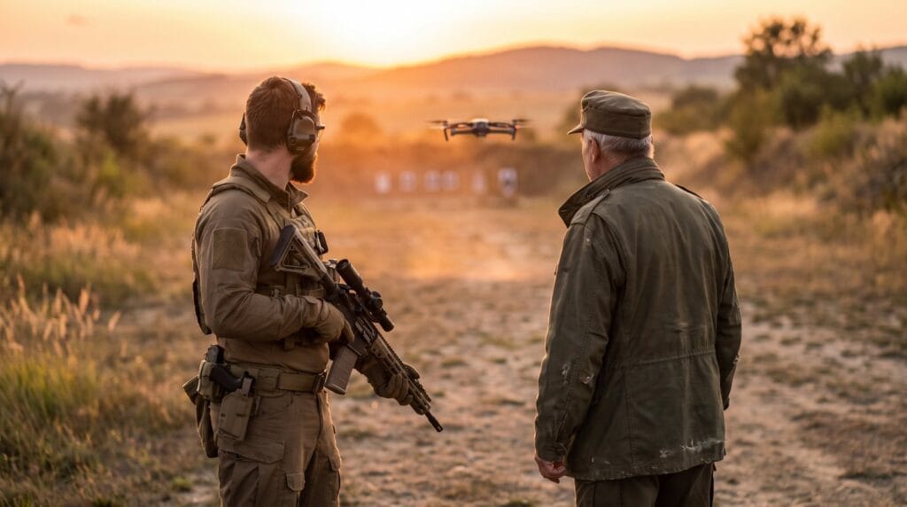 Mladý střelec s moderní puškou a starší veterán na střelnici při západu slunce, v pozadí dron – symbol setkání tradice a nové generace