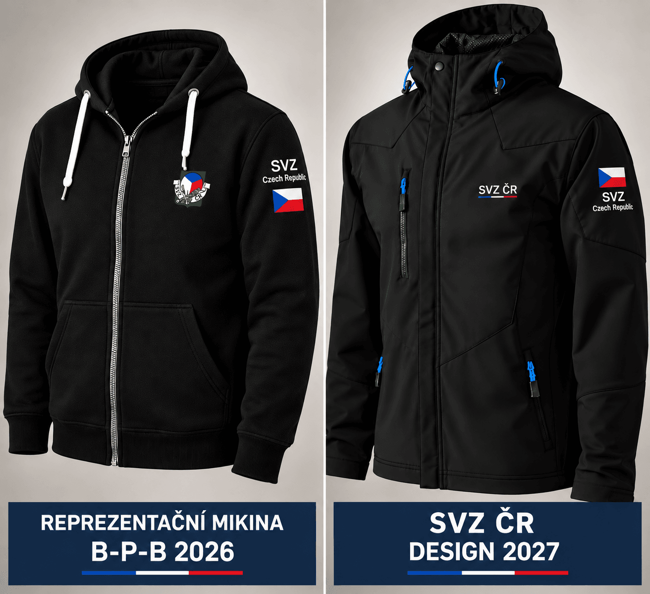 Reprezentační mikina SVZ ČR pro B-P-B 2026 a softshellová bunda SVZ ČR design 2027