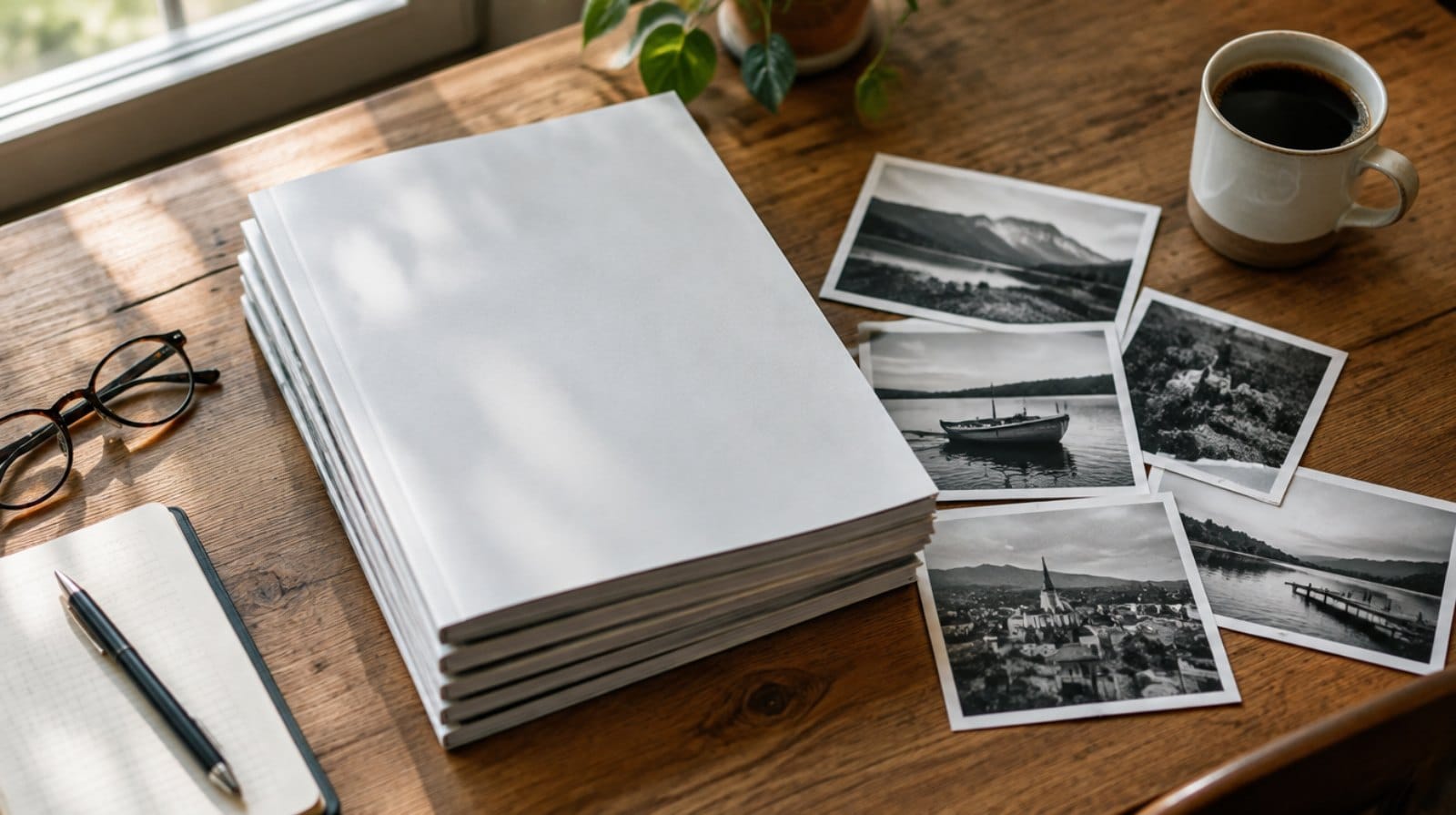 Stoh vytištěných čísel svazového zpravodaje, fotografie a zápisník na pracovním stole