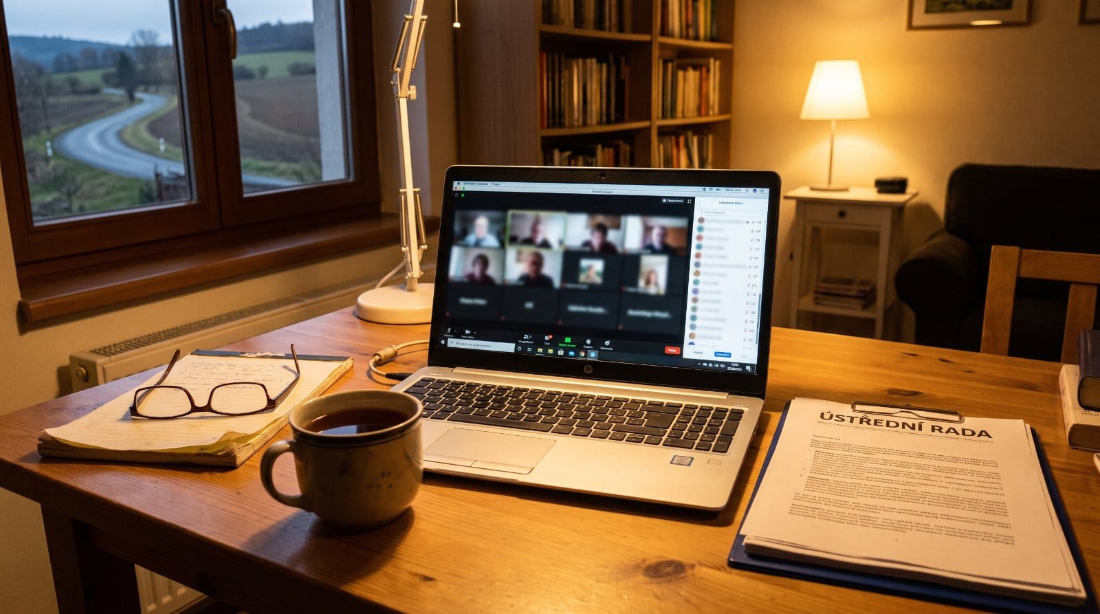 Notebook s online jednáním ústřední rady na stole u okna, vedle vytištěný program zasedání